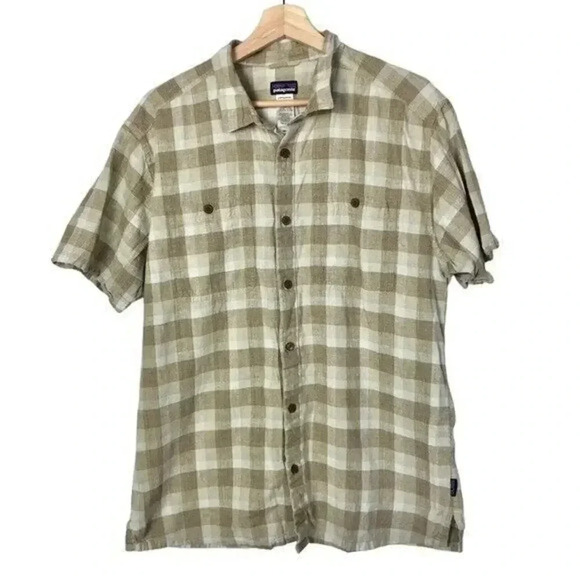 Patagonia Beige & Brown Migration Plaid Short Sleeve Button Down L - Picture 1 of 4